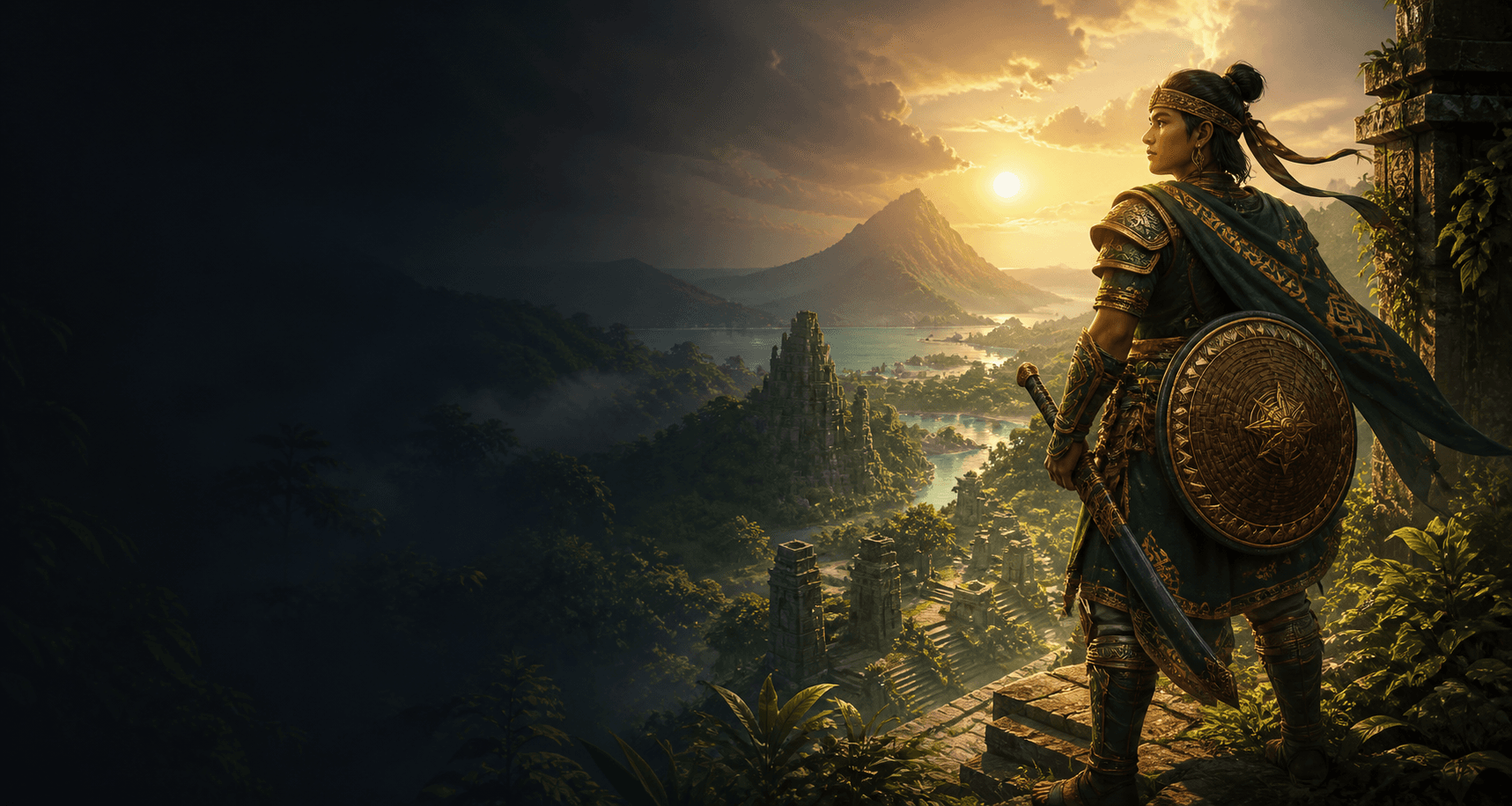 A Kawal guardian overlooking a tropical island realm at sunrise